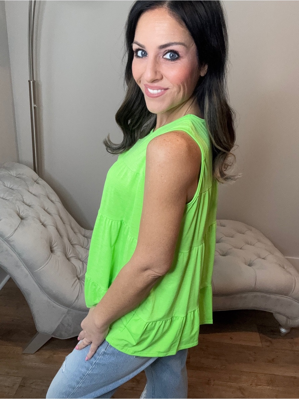 S-XXXL HEIMISH USA Neon Lime Tiered Sleeveless Tank - Picture 5 of 6